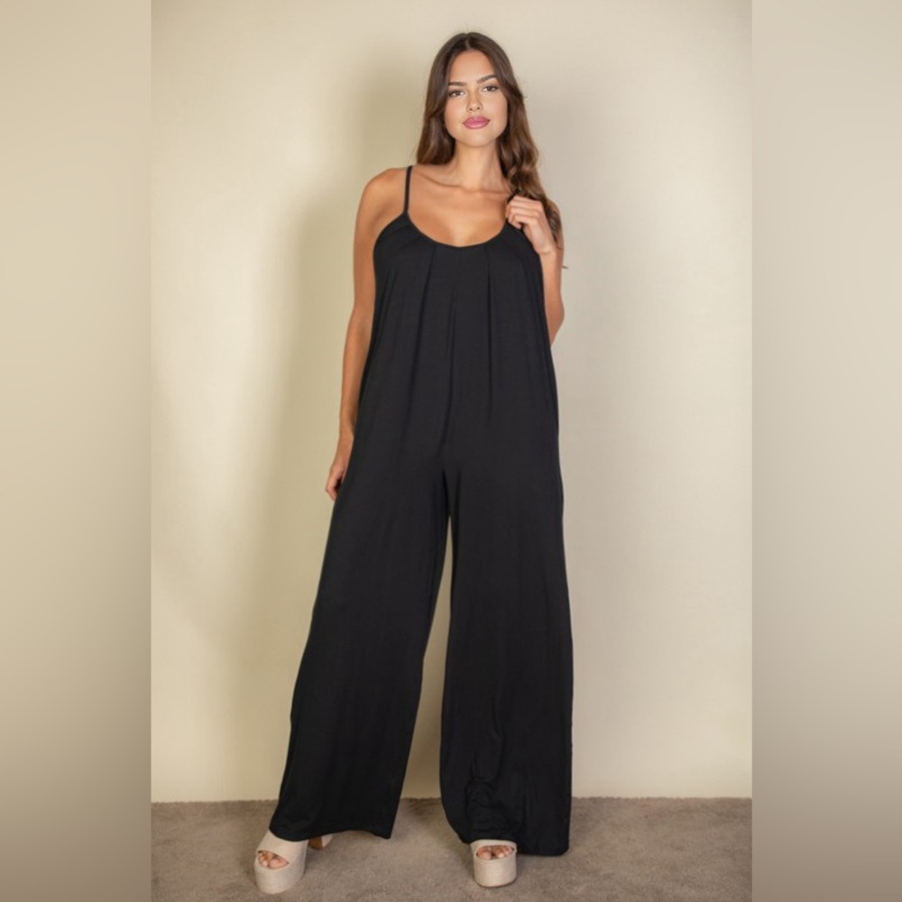 🟠202B. Spaghetti Strap Wide Leg Jumpsuit - Black